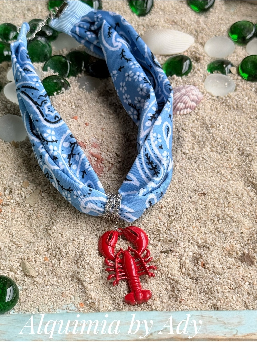 Americana Blue Bandana Necklace with Red Lobster Charm
